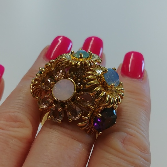 NWOT Coach Multi Stone Floral Cluster Cocktail Ring - Picture 5 of 10